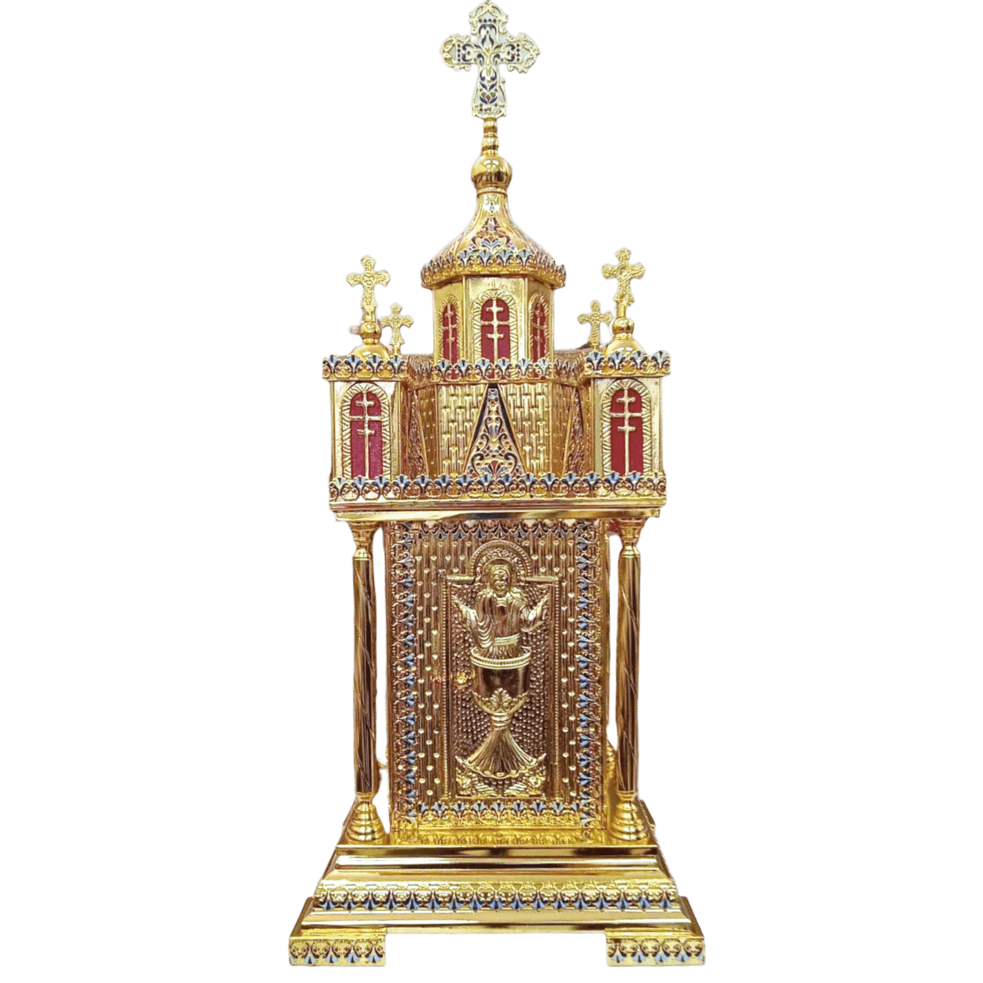Intricate gold ecclesiastical processional icon decorated with religious crosses, featuring detailed craftsmanship, suitable for church use, representing traditional Greek Orthodox liturgical items.