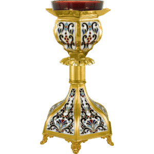 Ornate gold and enamel church candle holder with intricate colorful designs, ideal for liturgical use, decorative religious items, and ecclesiastical accessories.