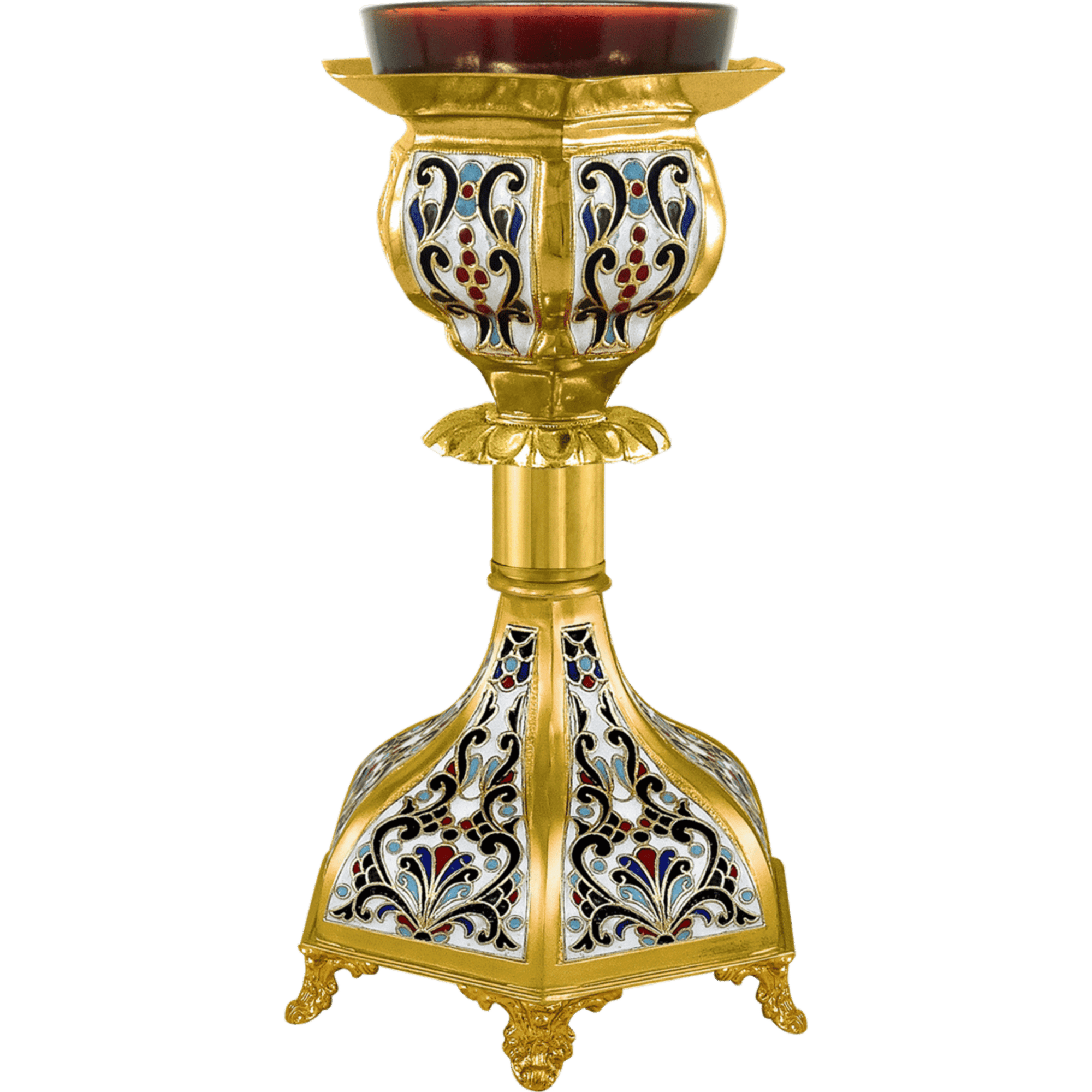 Ornate gold and enamel church candle holder with intricate colorful designs, ideal for liturgical use, decorative religious items, and ecclesiastical accessories.