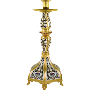 Exquisite religious candle holder with ornate gold and enamel detailing, perfect for church rituals and religious ceremonies. Elegant ecclesiastical decor from Tsatsaroni Antonios.