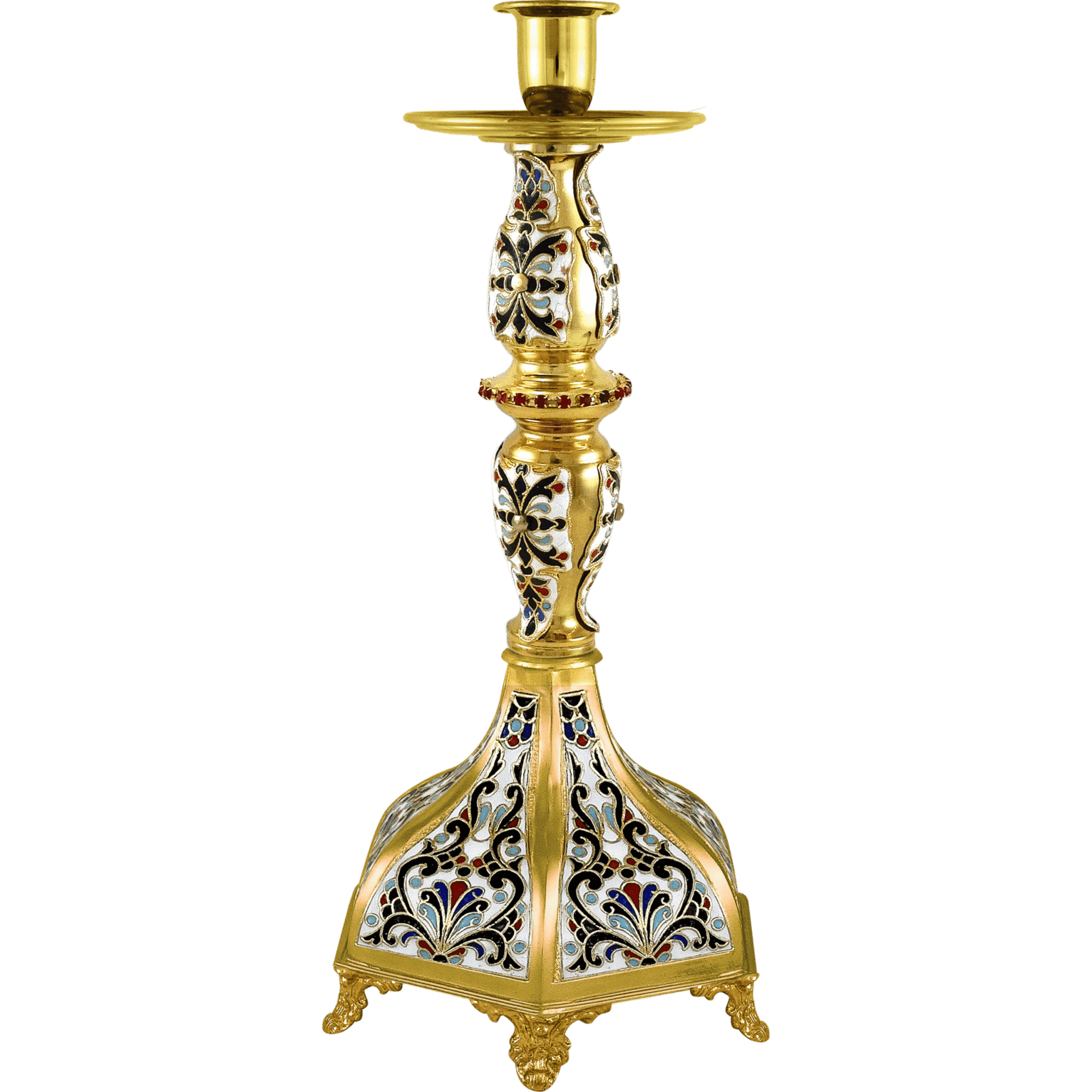 Exquisite religious candle holder with ornate gold and enamel detailing, perfect for church rituals and religious ceremonies. Elegant ecclesiastical decor from Tsatsaroni Antonios.