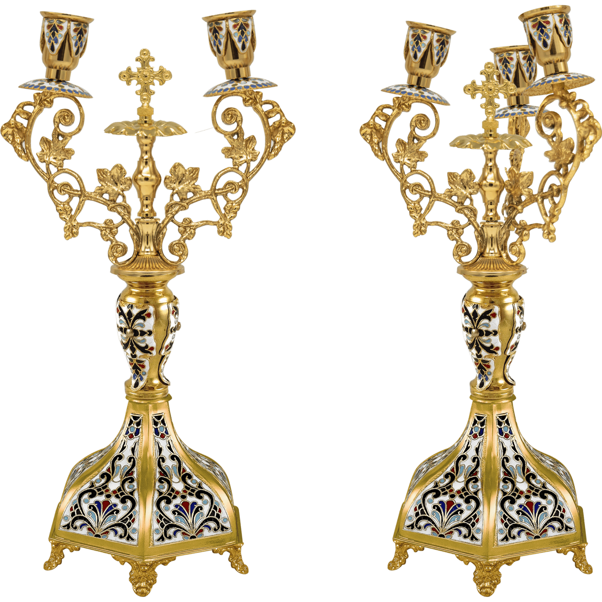 Ornate religious candleholder with gold finish, intricate enamel details, and traditional ecclesiastical design, perfect for religious ceremonies and church decor.