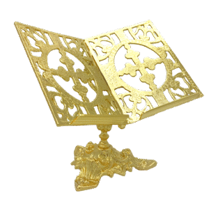 Ornamental ecclesiastical Bible stand with intricate gold design, perfect for church or home religious settings.