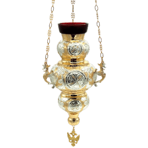 Ornate gold and silver religious lamp with detailed Orthodox Christian motifs, hanging chain, and decorative dragon handles, ideal for church altar use and ecclesiastical ceremonies.