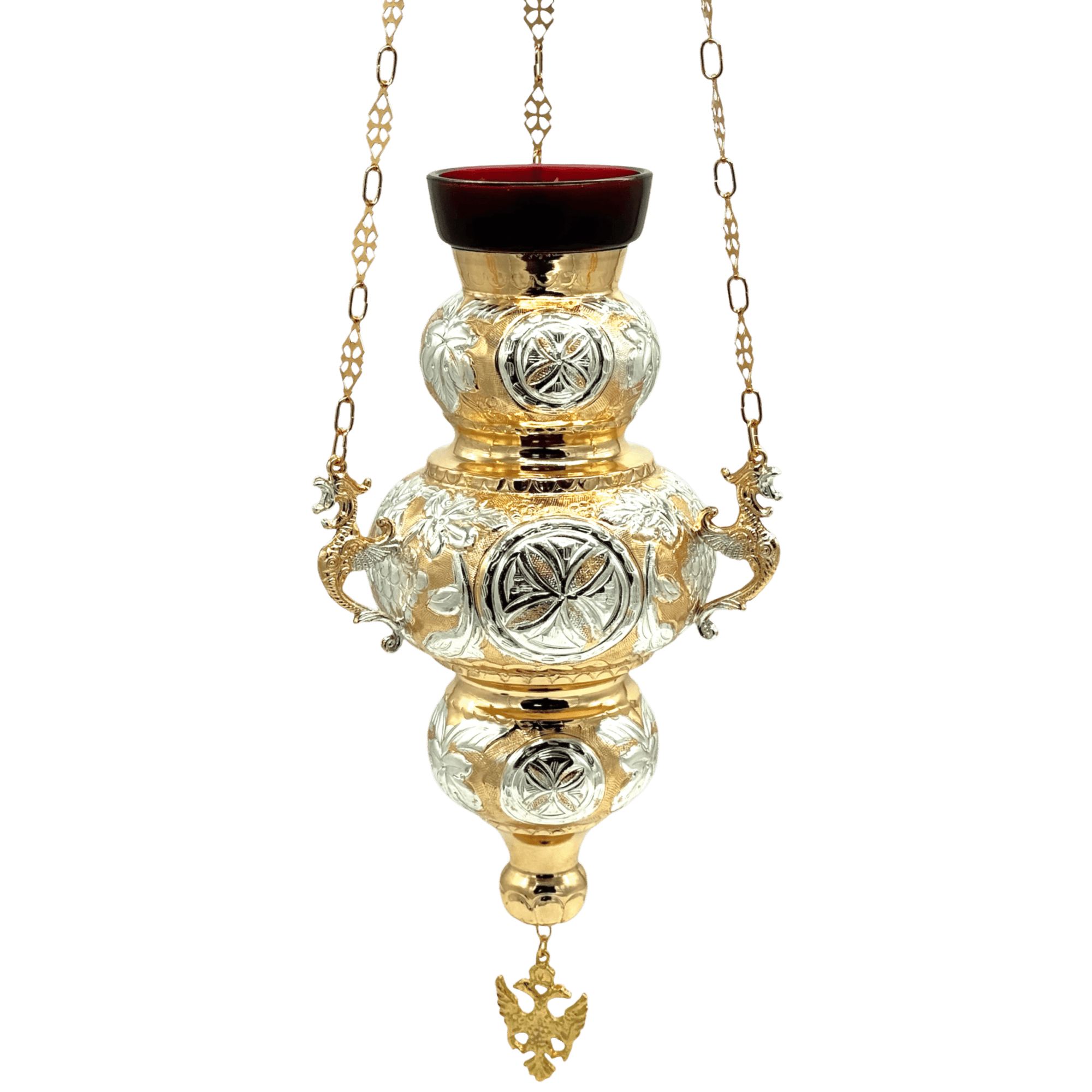 Ornate gold and silver religious lamp with detailed Orthodox Christian motifs, hanging chain, and decorative dragon handles, ideal for church altar use and ecclesiastical ceremonies.