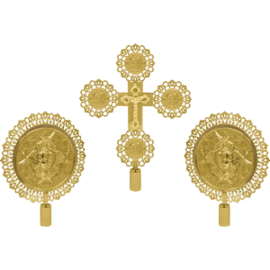 Intricate gold ecclesiastical religious accessories, including icons, crosses, and medallions, ideal for church decorations and religious ceremonies, crafted with detailed religious motifs.