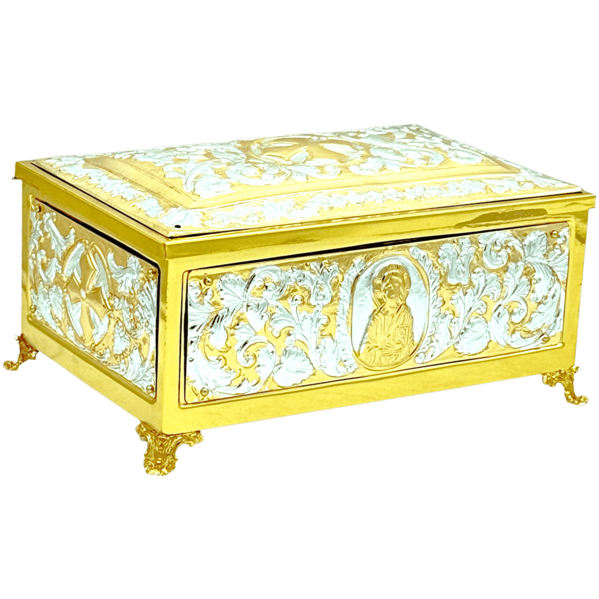 Ornate ecclesiastical prayer box with gold detailing and intricate religious engravings, perfect for church rituals and religious ceremonies.