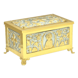Ornate gold and silver religious reliquary box featuring detailed iconography and decorative elements, ideal for church and liturgical use.