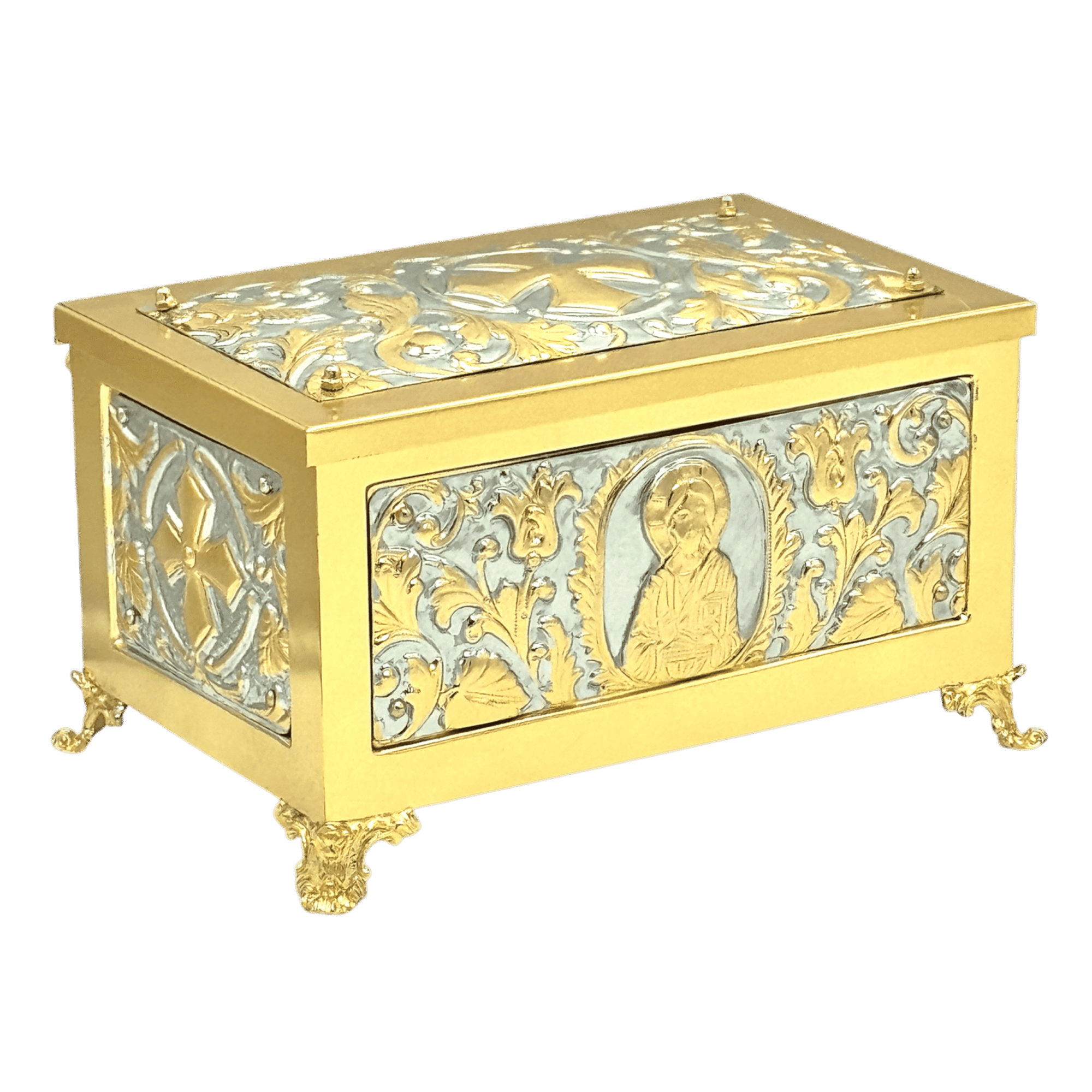 Ornate gold and silver religious reliquary box featuring detailed iconography and decorative elements, ideal for church and liturgical use.
