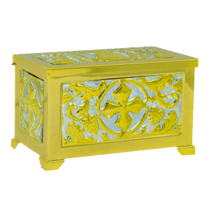 Ornate religious reliquary box with gold accents, intricate carvings, and religious symbols, perfect for ecclesiastical artifacts and church ceremonies.