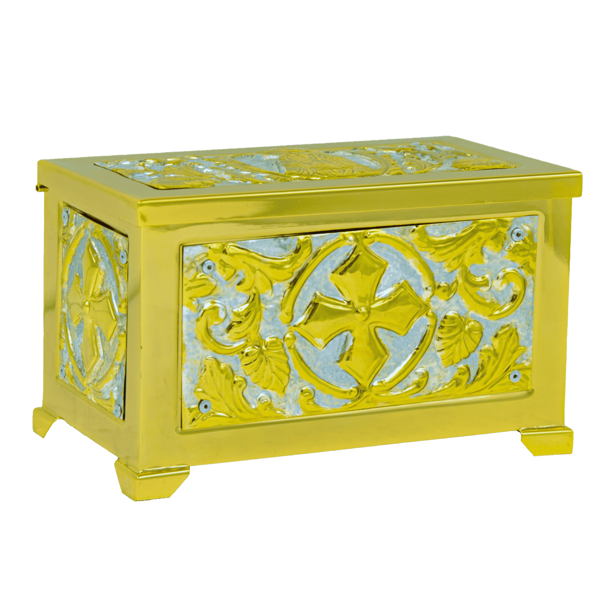 Ornate religious reliquary box with gold accents, intricate carvings, and religious symbols, perfect for ecclesiastical artifacts and church ceremonies.