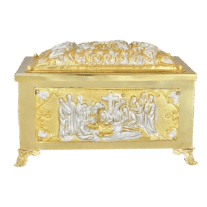 Ornate religious reliquary with gold and silver accents, depicting a sacred biblical scene, used for storing holy relics or icons, ideal for church religious artifacts and church supplies.
