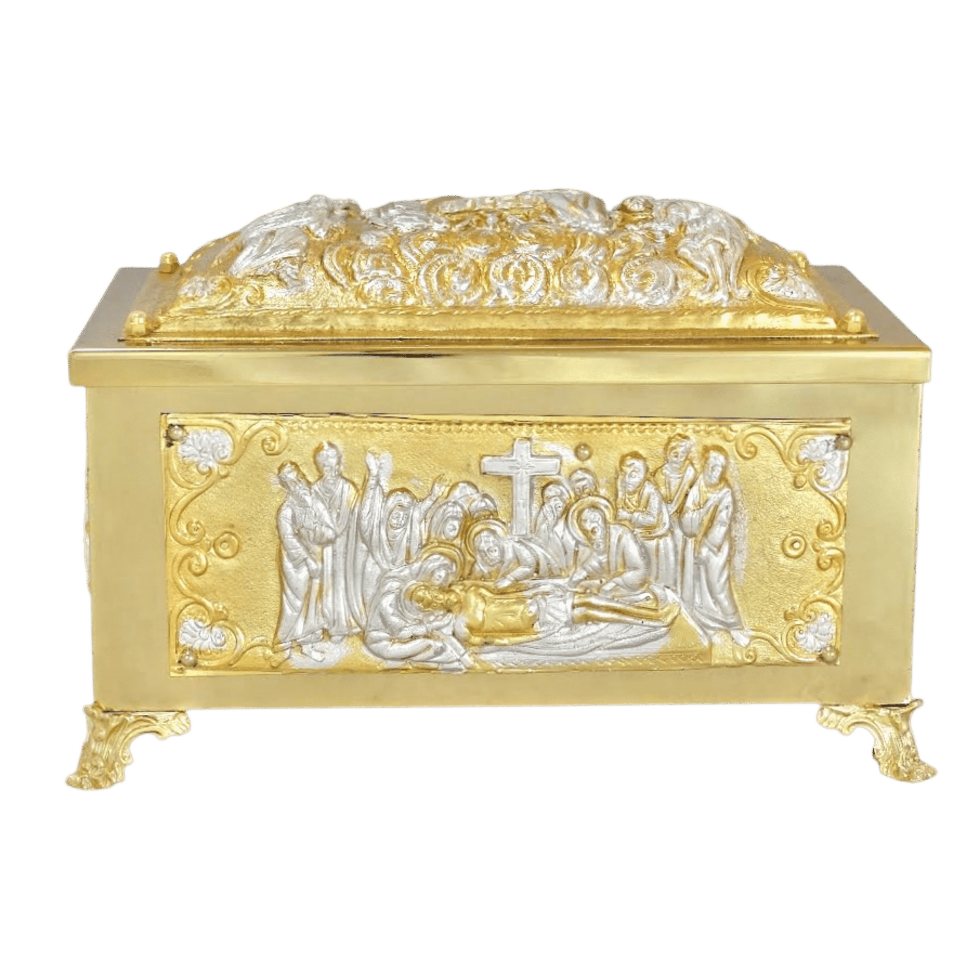 Ornate religious reliquary with gold and silver accents, depicting a sacred biblical scene, used for storing holy relics or icons, ideal for church religious artifacts and church supplies.