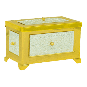 Elegant gold and glass religious relic box for church, sacred items, and icons, featuring intricate engraved designs and secure clasp for ecclesiastical purposes.