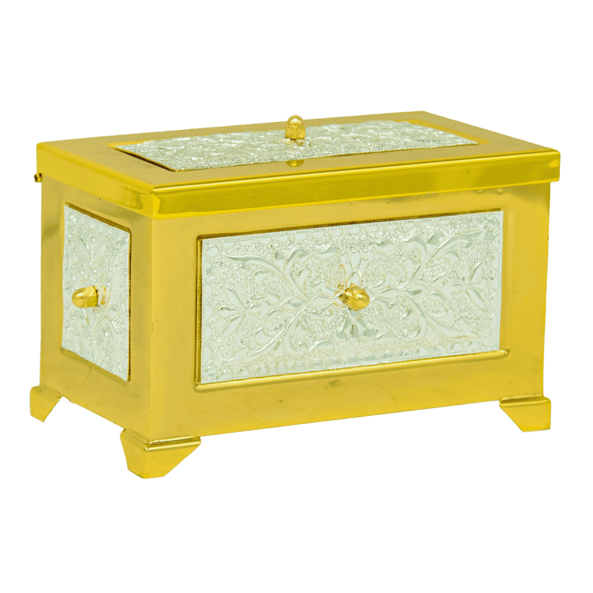 Elegant gold and glass religious relic box for church, sacred items, and icons, featuring intricate engraved designs and secure clasp for ecclesiastical purposes.