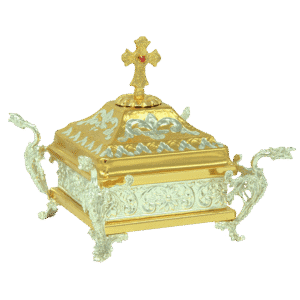 Antique and ornate religious altar box with detailed gold and silver finishes, perfect for church ceremonies and ecclesiastical use.