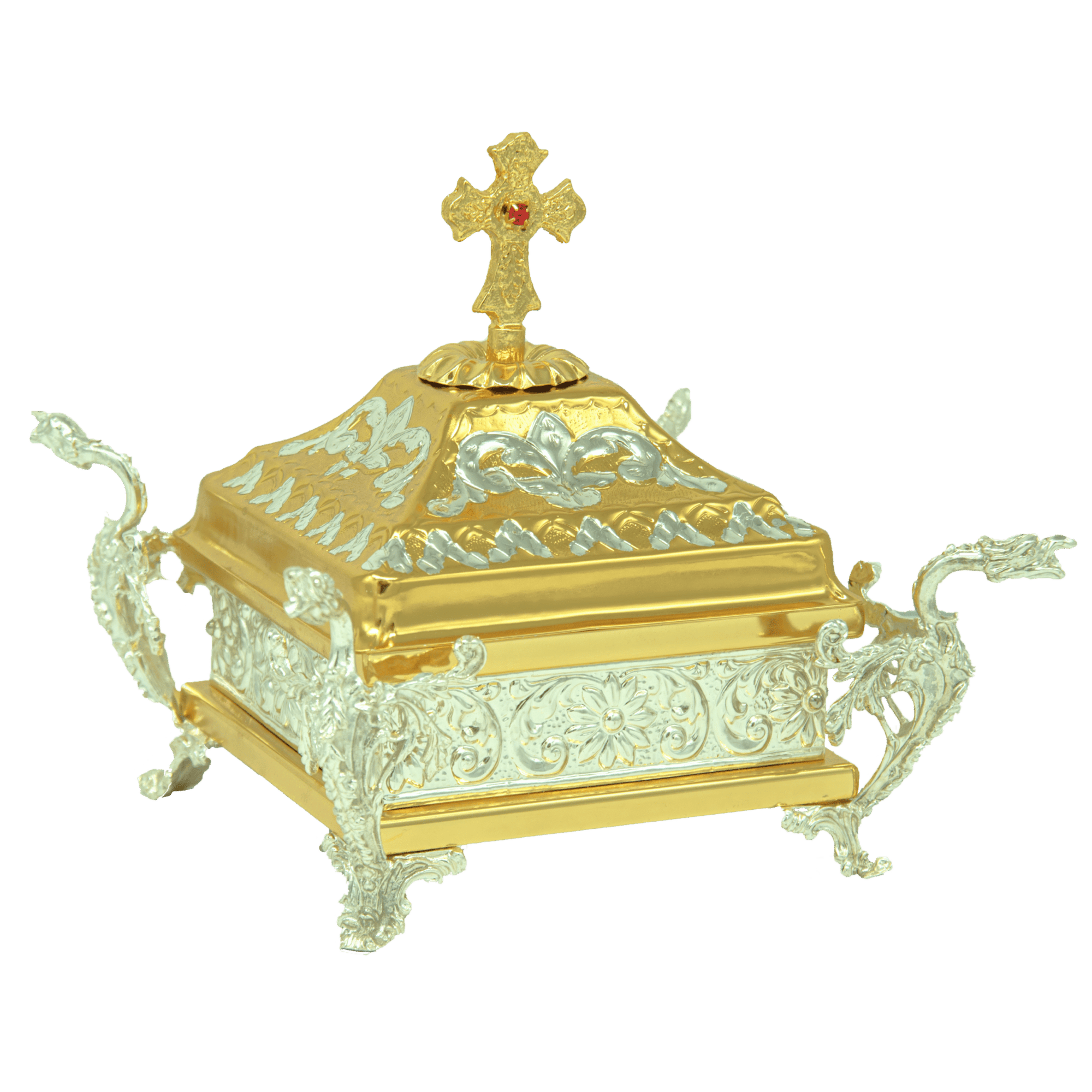 Antique and ornate religious altar box with detailed gold and silver finishes, perfect for church ceremonies and ecclesiastical use.