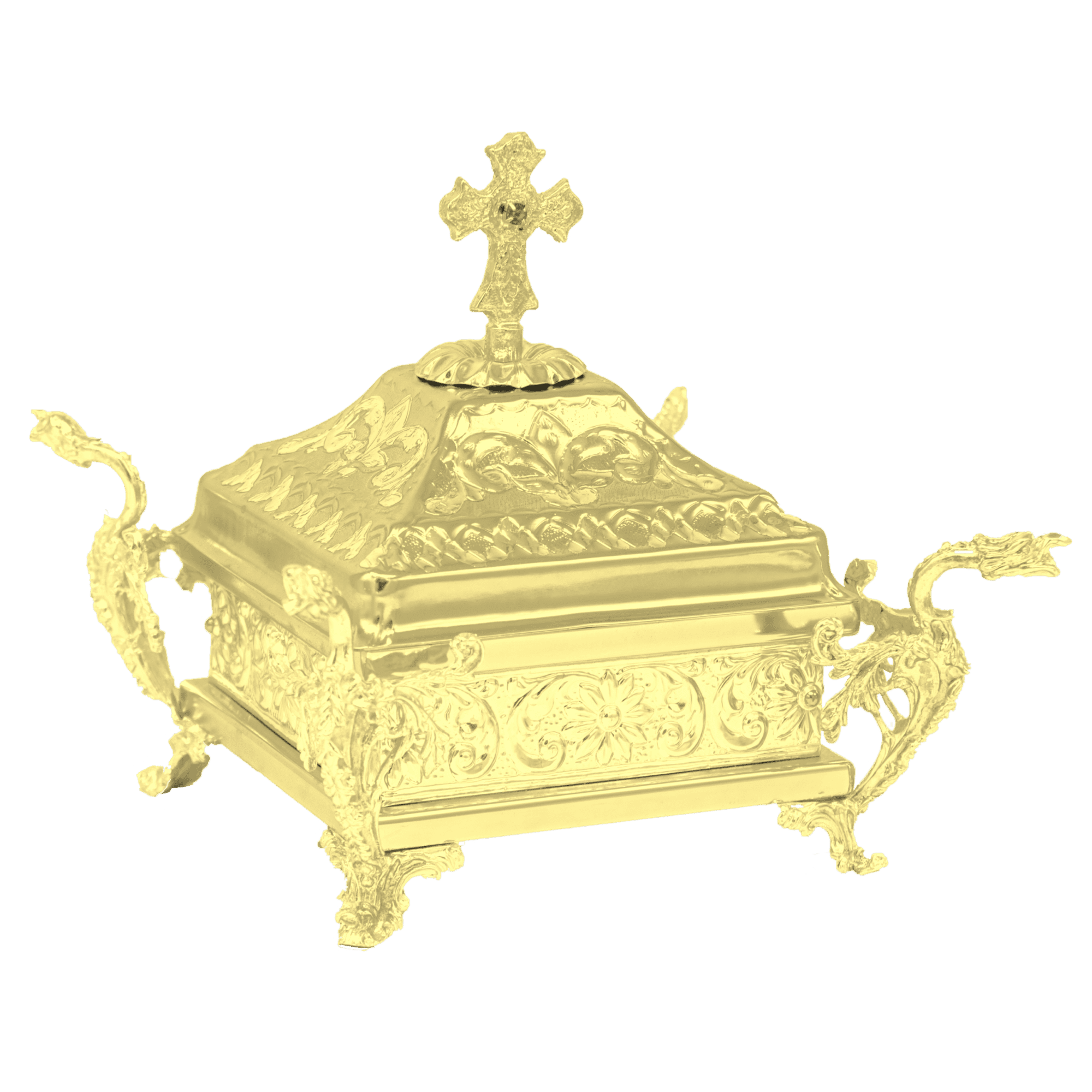 Intricately detailed gold church reliquary box with ornate cross and decorative handles, used for storing religious relics and ecclesiastical artifacts.