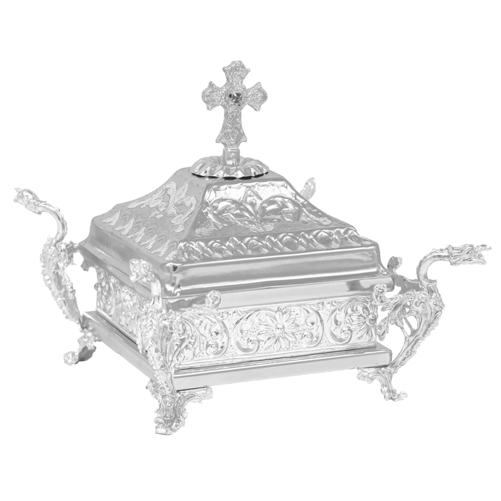 Intricately detailed silver reliquary box with ornate carvings, suitable for religious artifacts and church ceremonies, from Εκκλησιαστικά Είδη Τσατσαρώνης Αντώνιος.