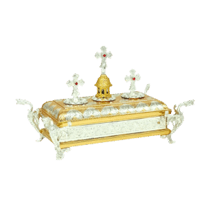 Ornate Orthodox Eucharistic Set with crosses, gold and silver accents, and detailed craftsmanship for church service rituals.