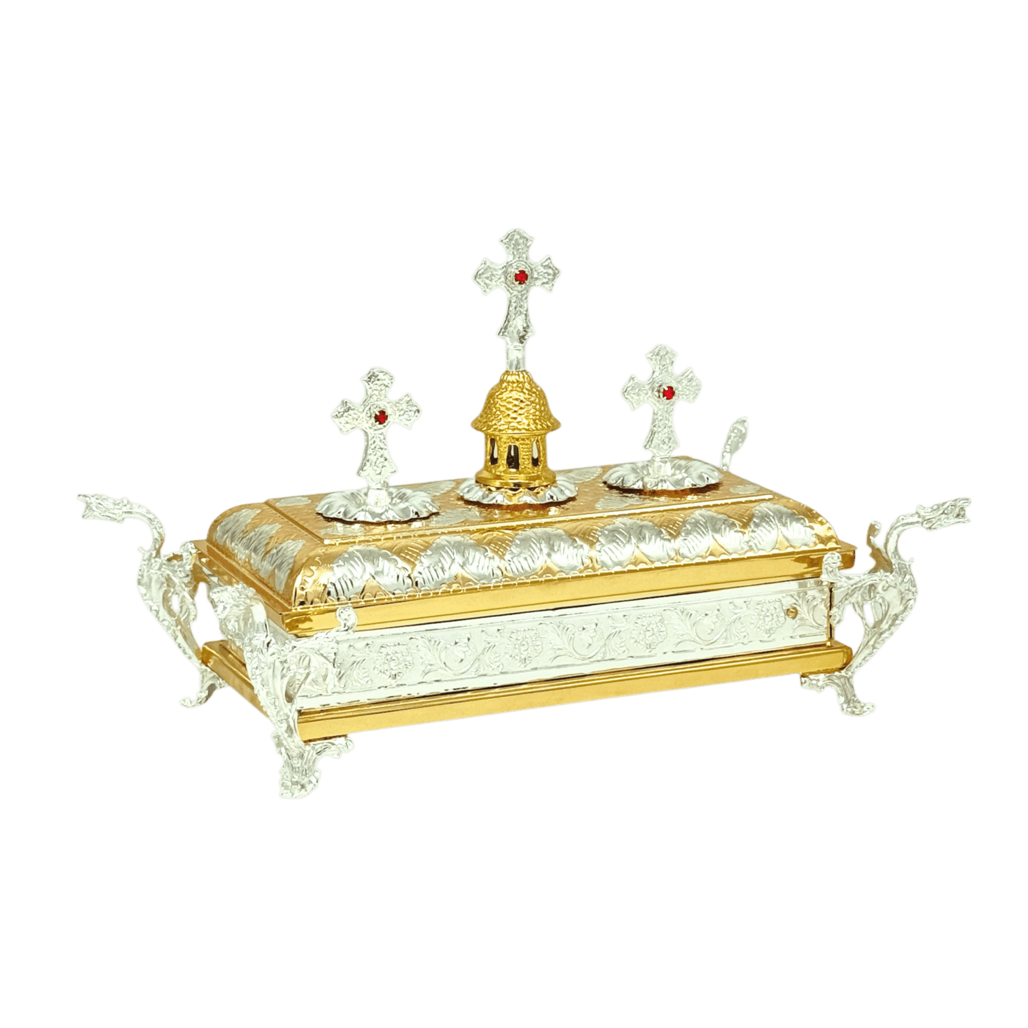 Ornate Orthodox Eucharistic Set with crosses, gold and silver accents, and detailed craftsmanship for church service rituals.