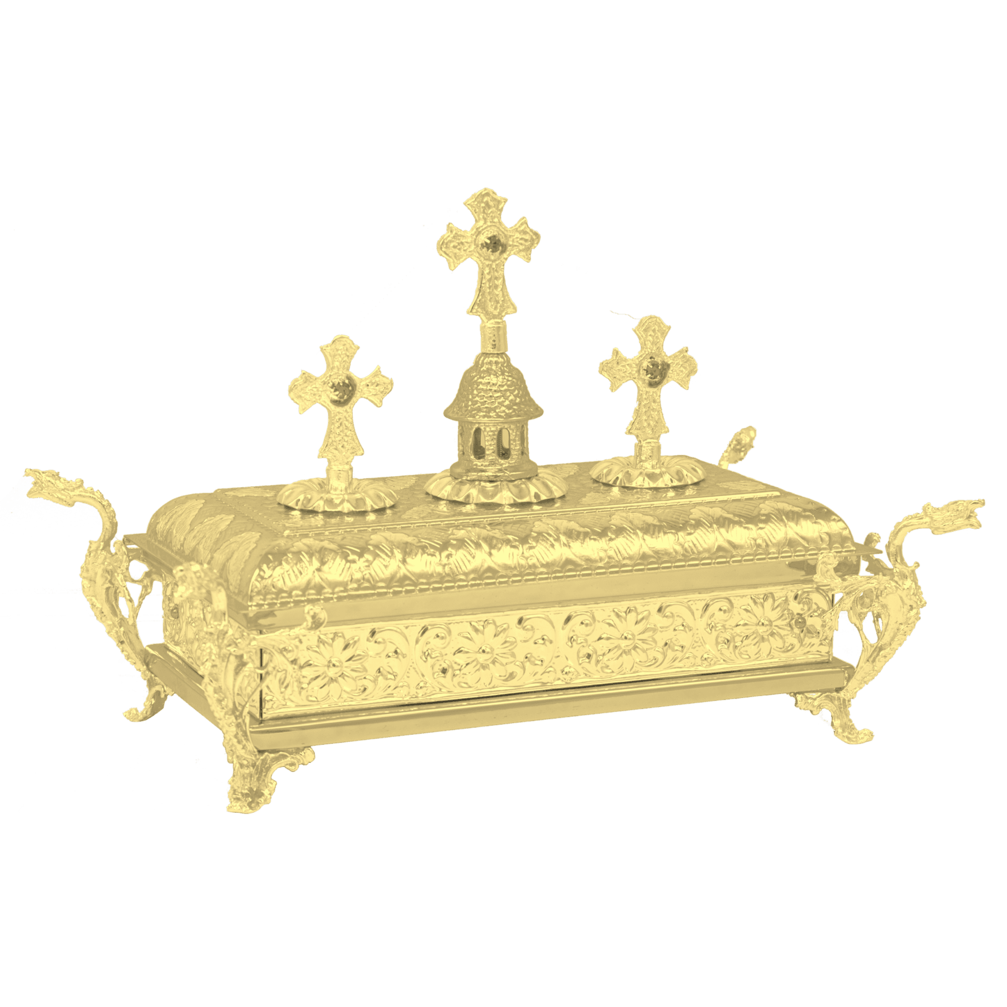 Intricate gold Byzantine ecclesiastical reliquary with ornate crosses and floral patterns, designed for church ceremonies and religious artifacts, exemplifying traditional Greek church utensil craftsmanship.