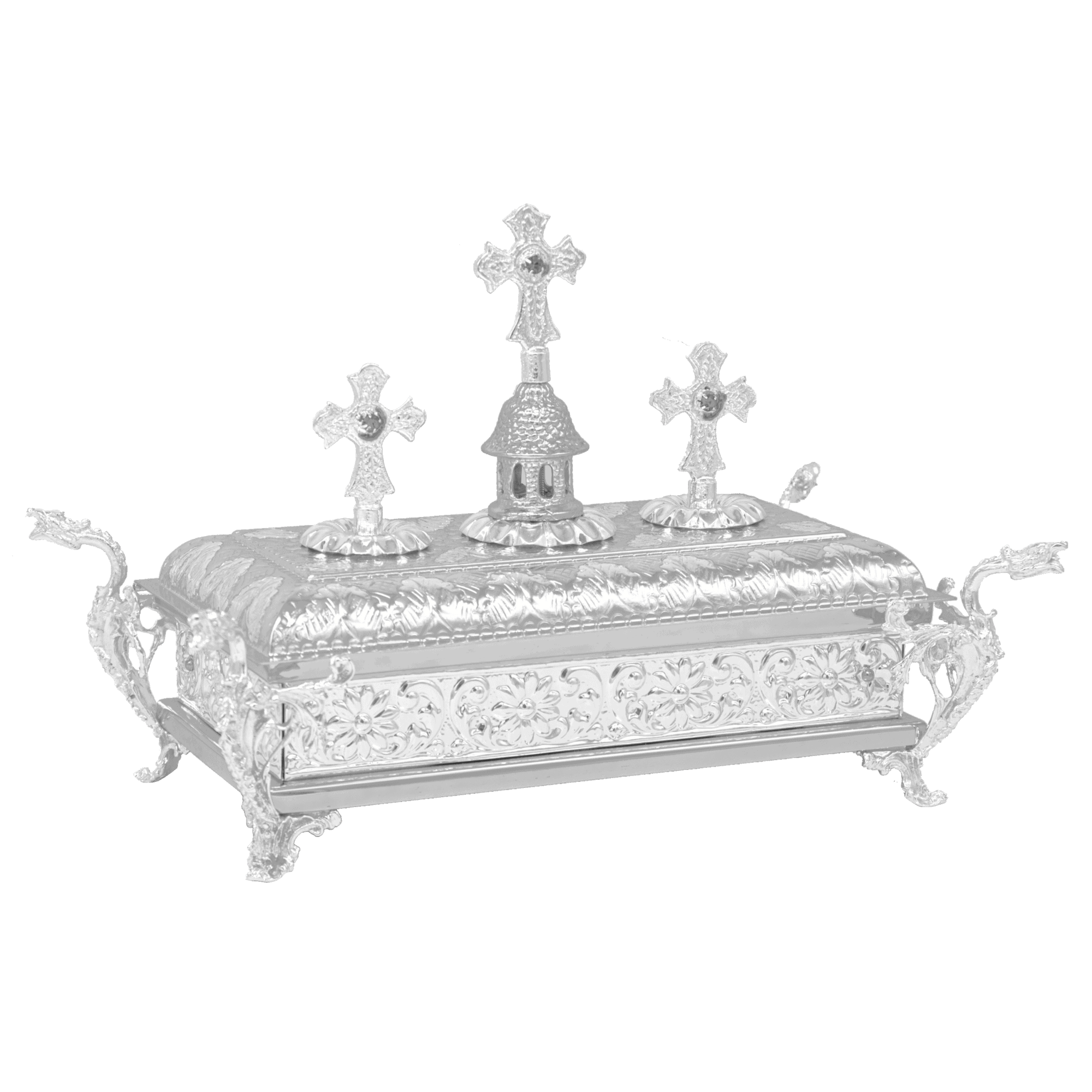 Intricate silver religious relic holder with crosses, used for Orthodox church ceremonies and ecclesiastical items.