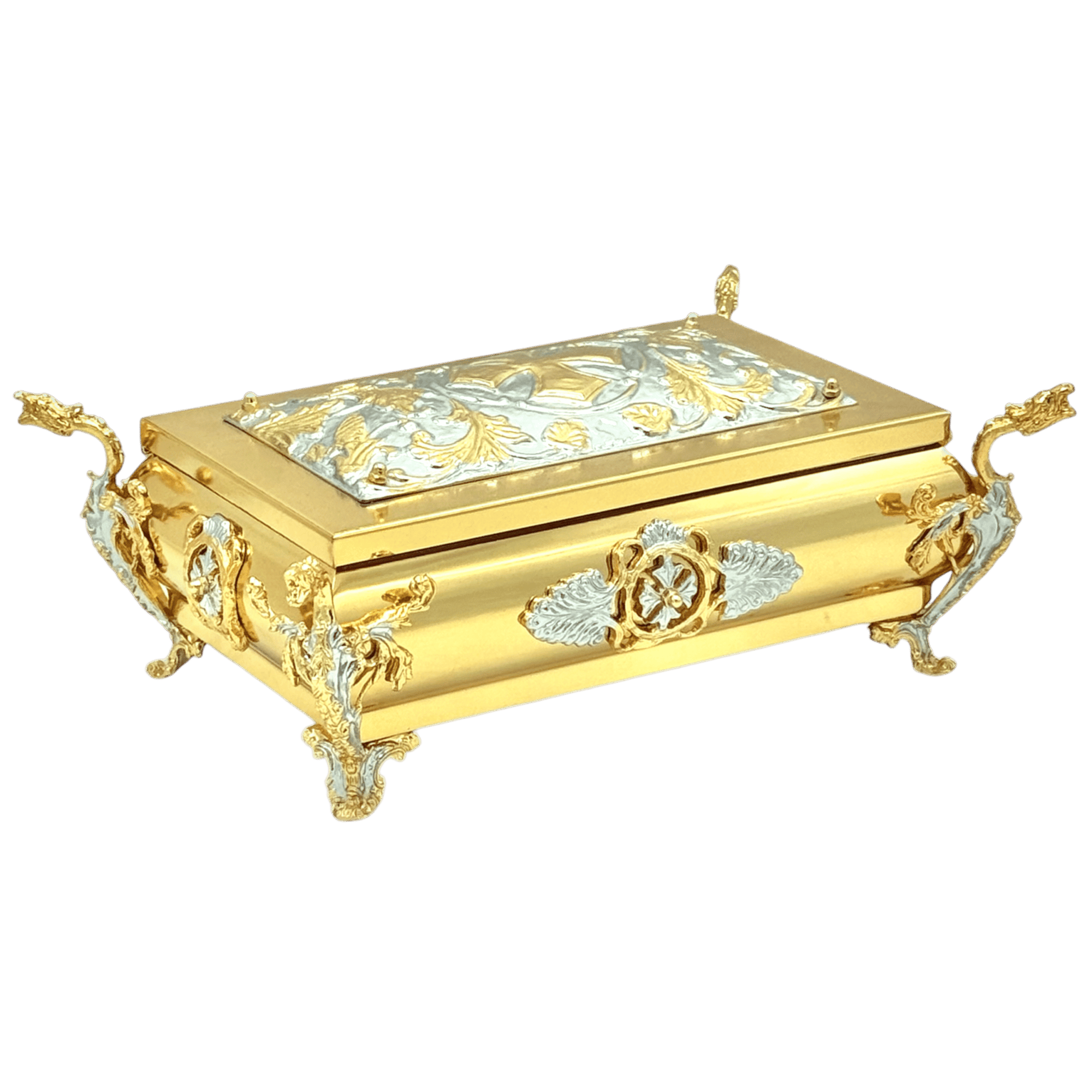 Vintage gold and silver Orthodox church relic box with ornate details and decorative handles for religious artifacts and ceremonial use.
