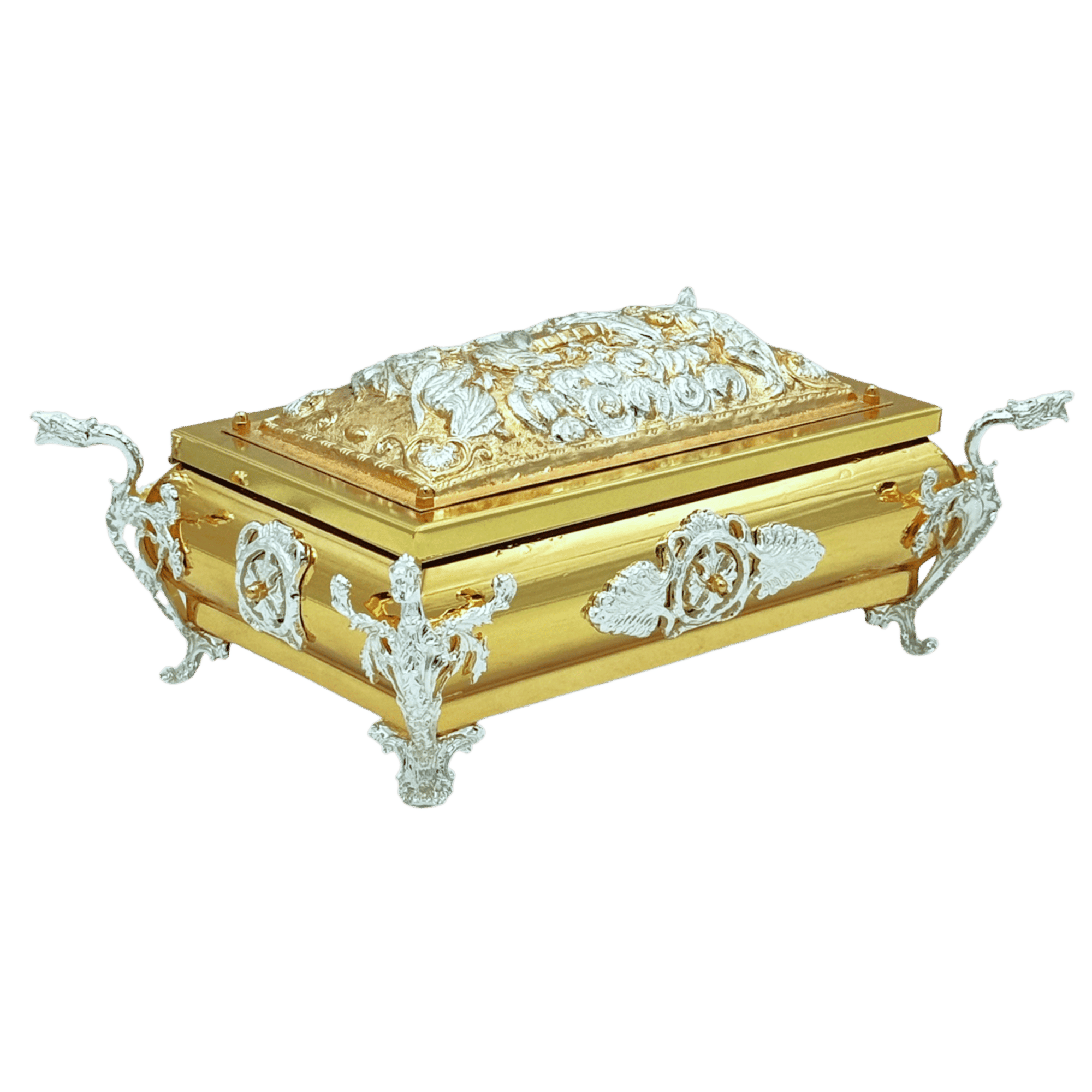 Intricate ecclesiastical gold and silver box with ornate detailing, used for religious artifacts or sacred items, showcasing craftsmanship at Tsatsaronis Antonios Church Supplies.