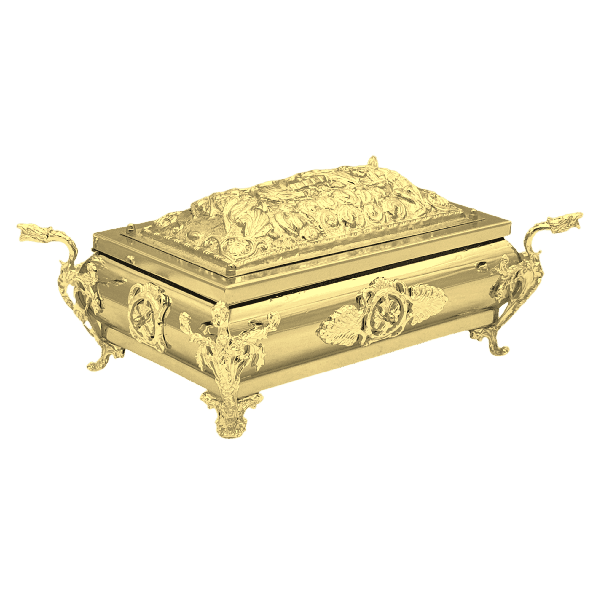 Intricately designed religious reliquary box for Orthodox church, featuring ornate gold detailing and religious motifs, ideal for sacred ecclesiastical items.