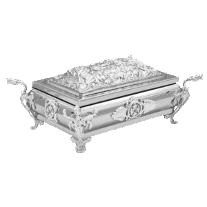 Exquisite silver Orthodox relic box with ornate detailing, ideal for church ceremonies and religious artifacts, crafted by Tsaxtaronis Antonios.
