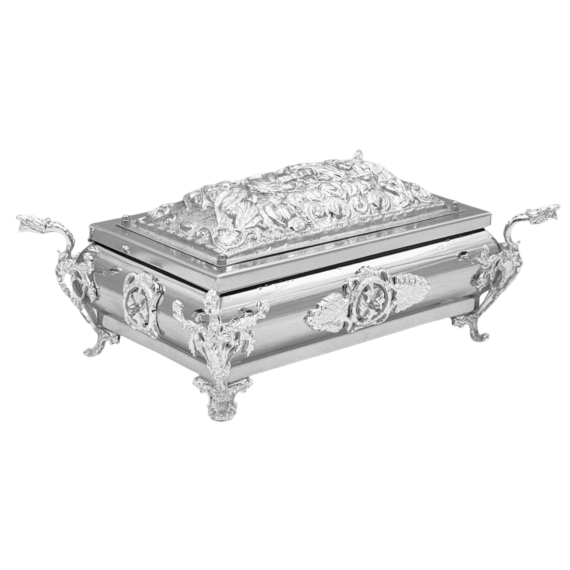 Exquisite silver Orthodox relic box with ornate detailing, ideal for church ceremonies and religious artifacts, crafted by Tsaxtaronis Antonios.
