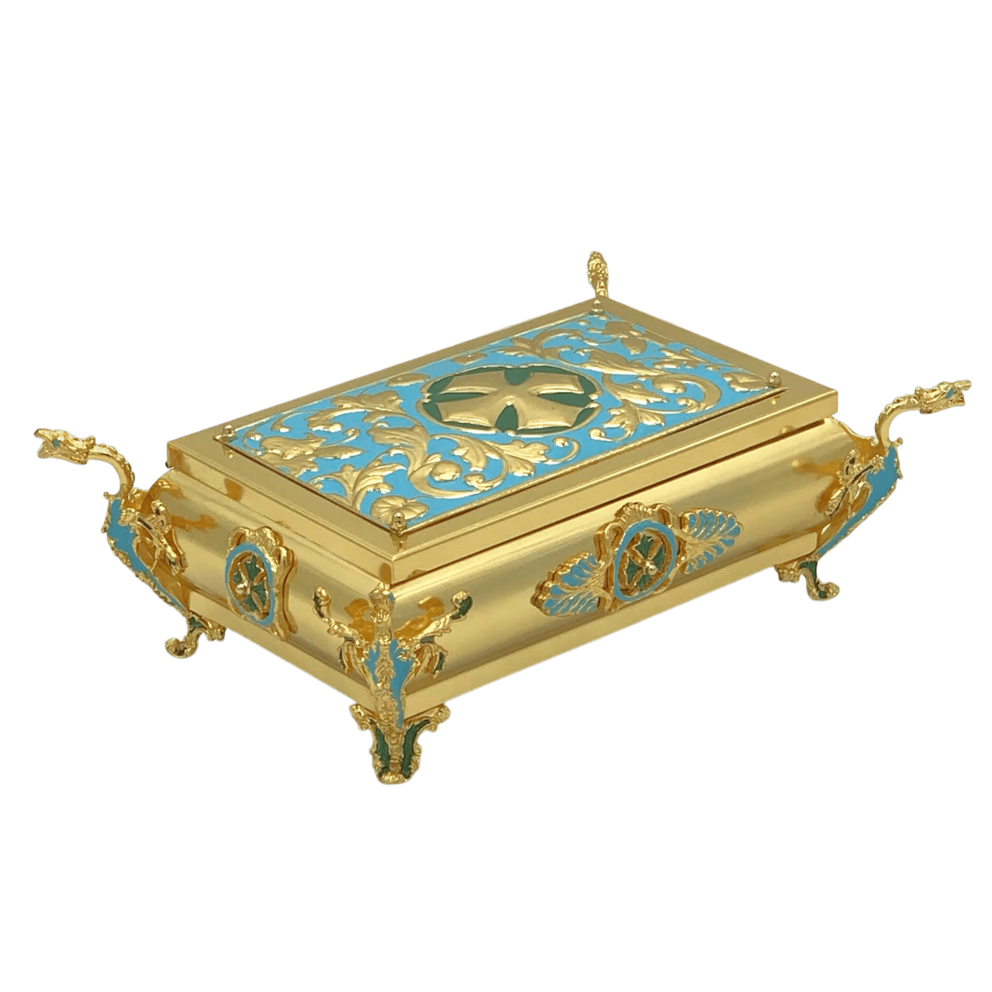 Intricately designed Orthodox Christian relic container with gold and blue accents, ornate craftsmanship, and religious symbols, used for sacred relics or holy objects.