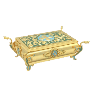 Ornate gold ecclesiastical box with religious symbols, handcrafted religious artifacts, church accessories, religious gift items, and ecclesiastical church supplies from Tsațsaronis Antonios.