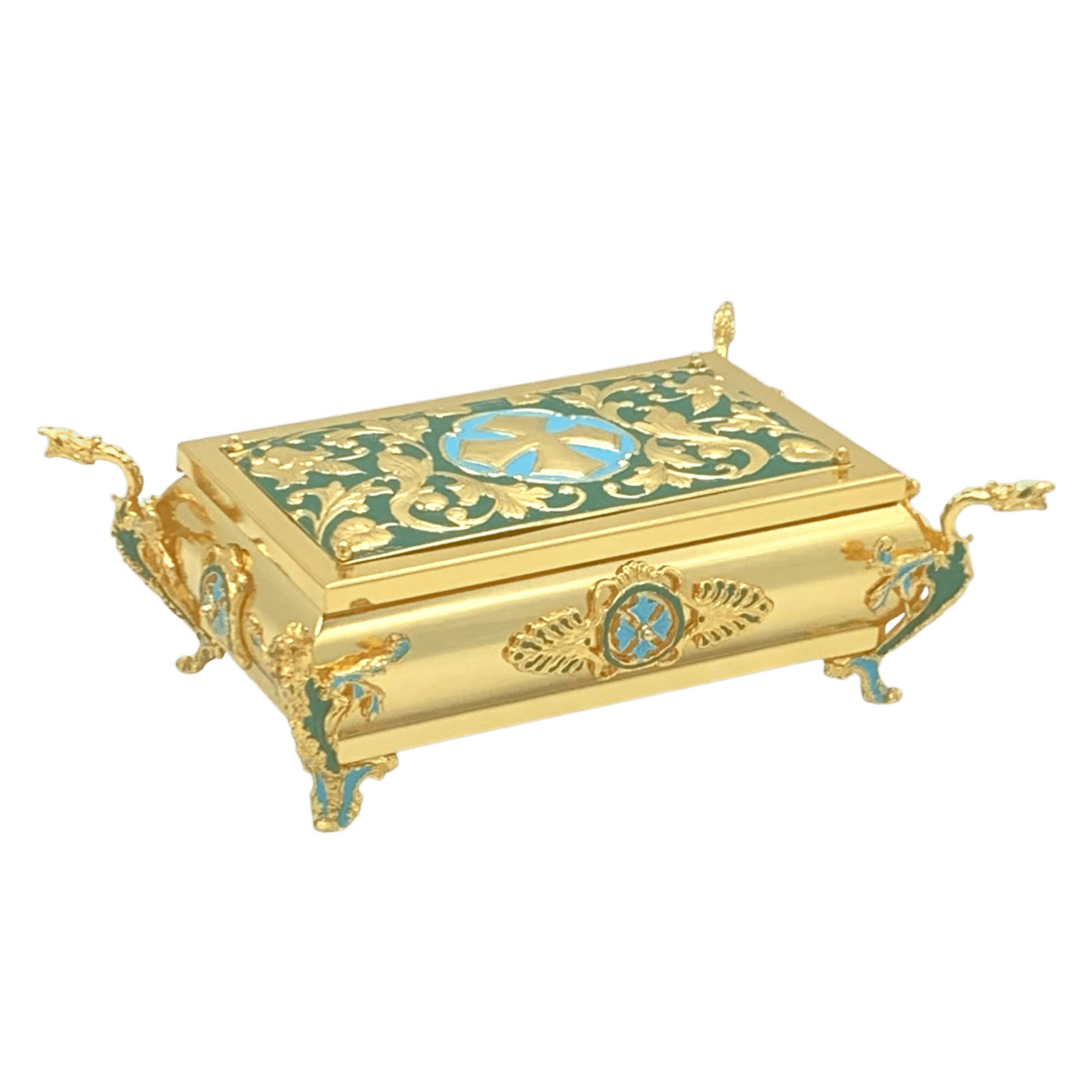 Ornate gold ecclesiastical box with religious symbols, handcrafted religious artifacts, church accessories, religious gift items, and ecclesiastical church supplies from Tsațsaronis Antonios.