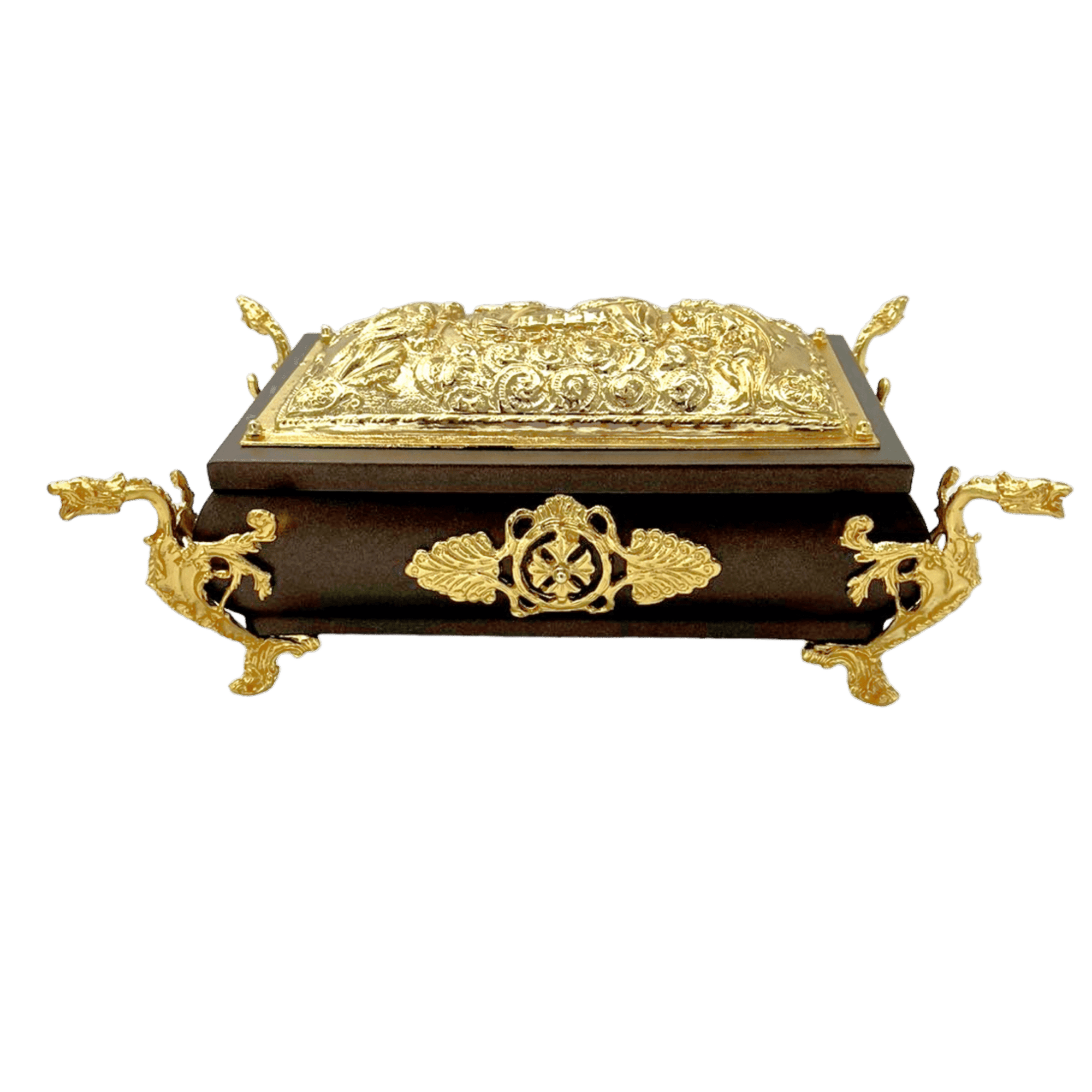 Ornate religious relic box with gold detailing, crafted for ecclesiastical use, featuring intricate design and decorative handles, ideal for church sacred items.