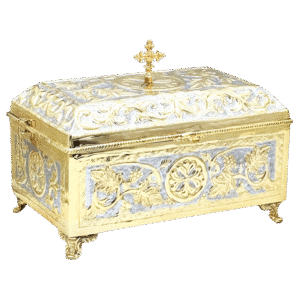 Intricately designed gold and silver ecclesiastical relic box with cross ornament, used for church ceremonies, religious artifacts, and sacred items in Orthodox Christian tradition.