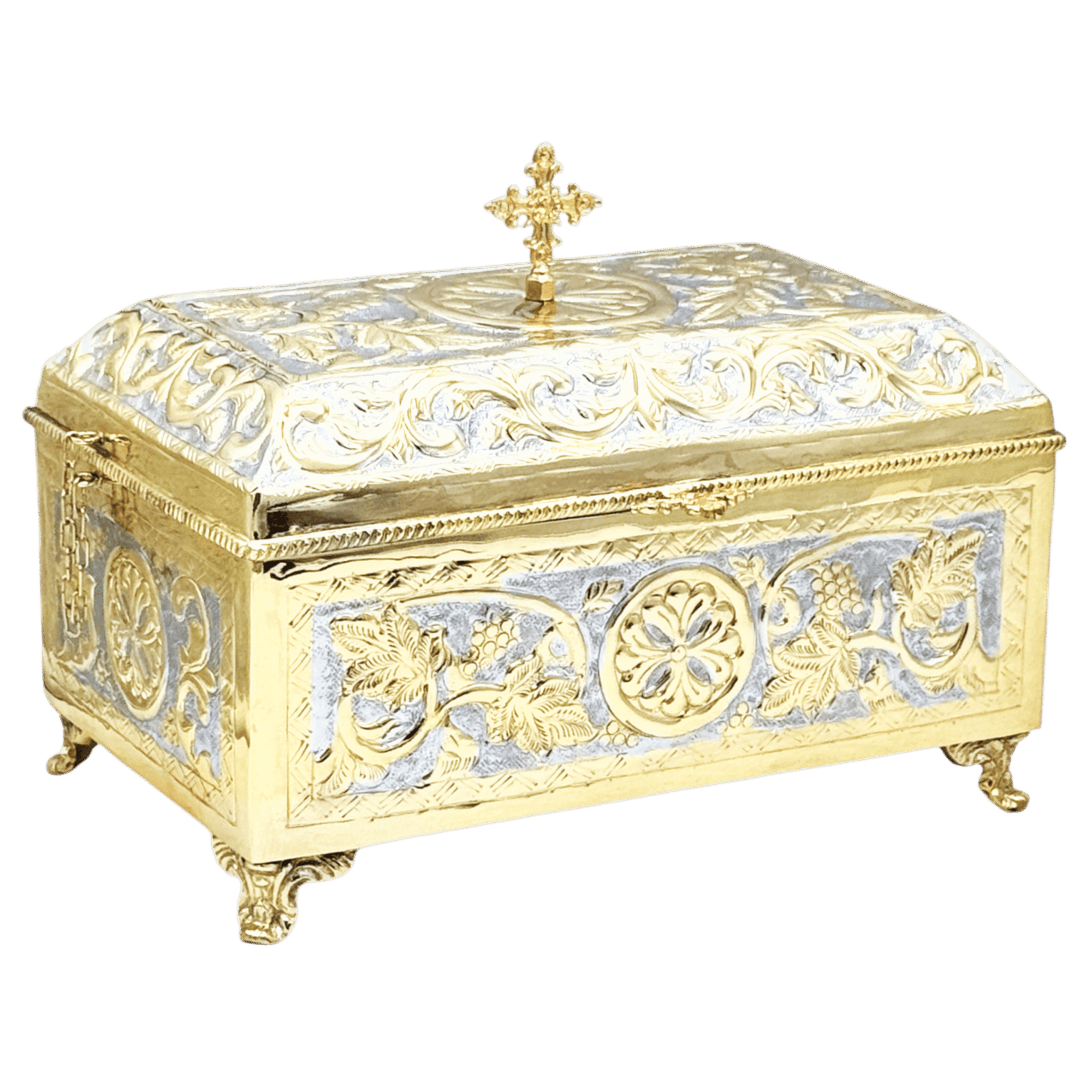Intricately designed gold and silver ecclesiastical relic box with cross ornament, used for church ceremonies, religious artifacts, and sacred items in Orthodox Christian tradition.