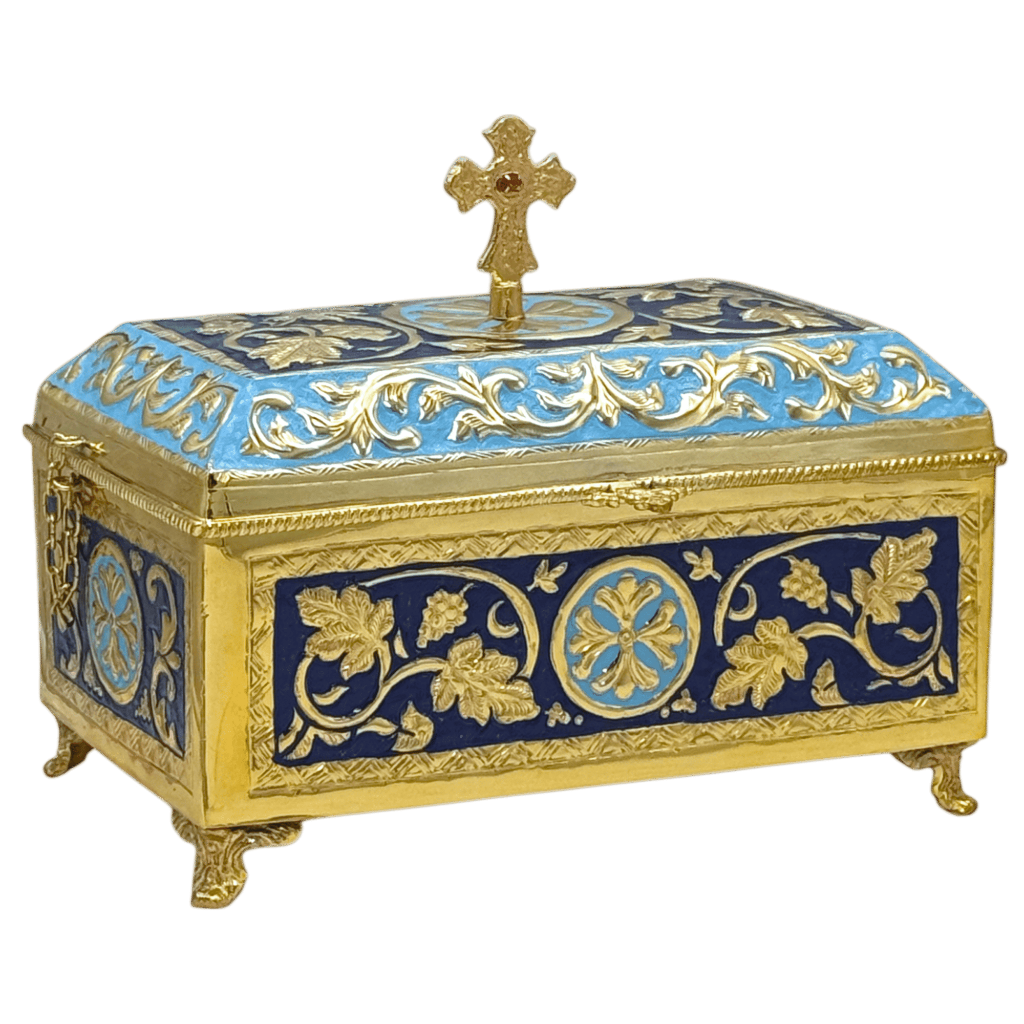 Intricately designed church relic box with gold and blue accents, used for religious ceremonies and storing sacred items, showcasing craftsmanship in ecclesiastical ecclesiastical items from Tsa tsaronis Antonios.