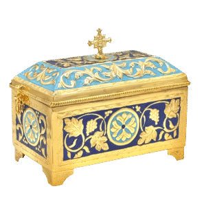 Ornate gold and enamel reliquary box with floral and grapevine motifs, used for sacred church relics and religious ceremonies. Perfect for ecclesiastical用品 and Orthodox Christian traditions.