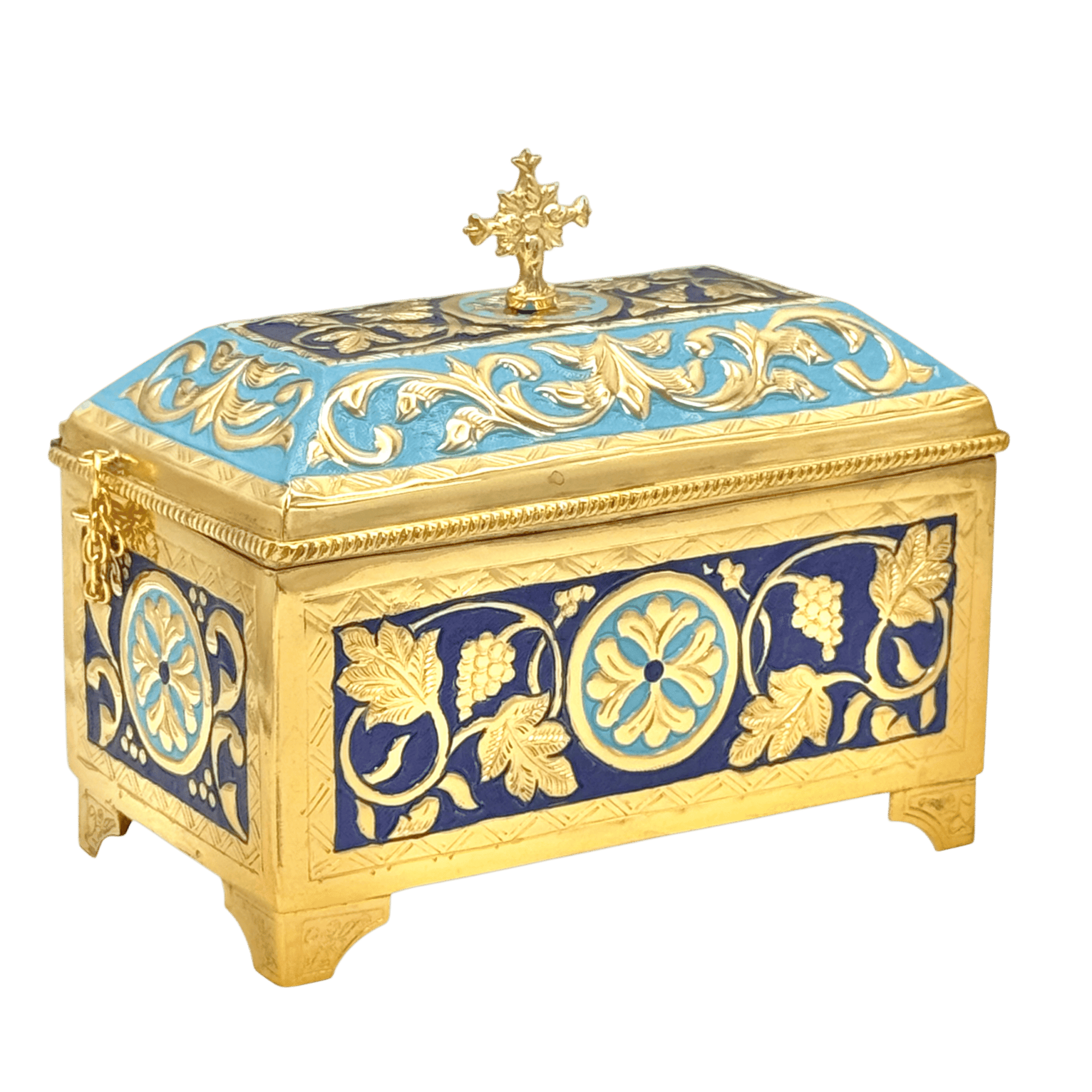Ornate gold and enamel reliquary box with floral and grapevine motifs, used for sacred church relics and religious ceremonies. Perfect for ecclesiastical用品 and Orthodox Christian traditions.