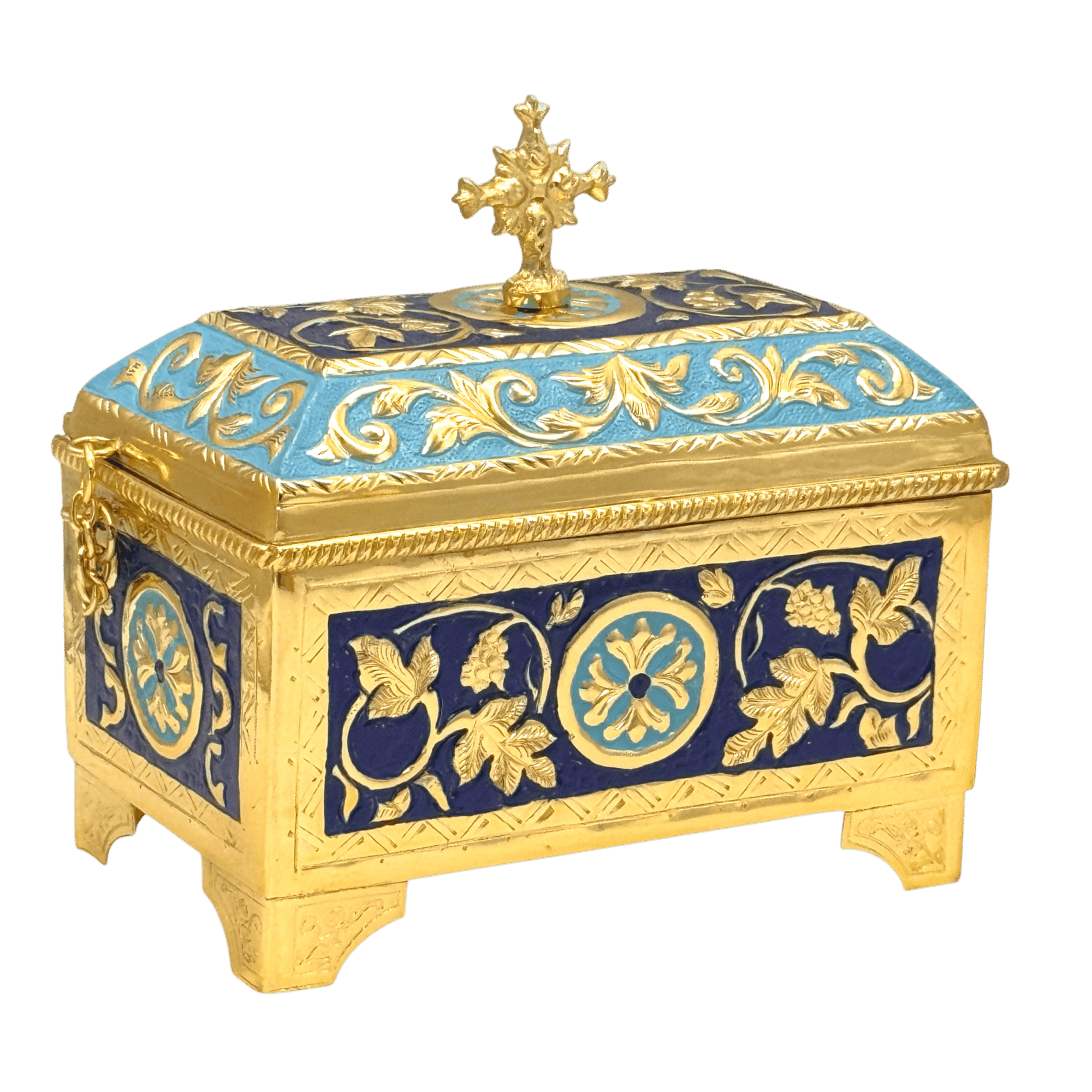 Ornate religious reliquary box with gold and blue decorative design, ideal for ecclesiastical items and Orthodox Christian ceremonies.