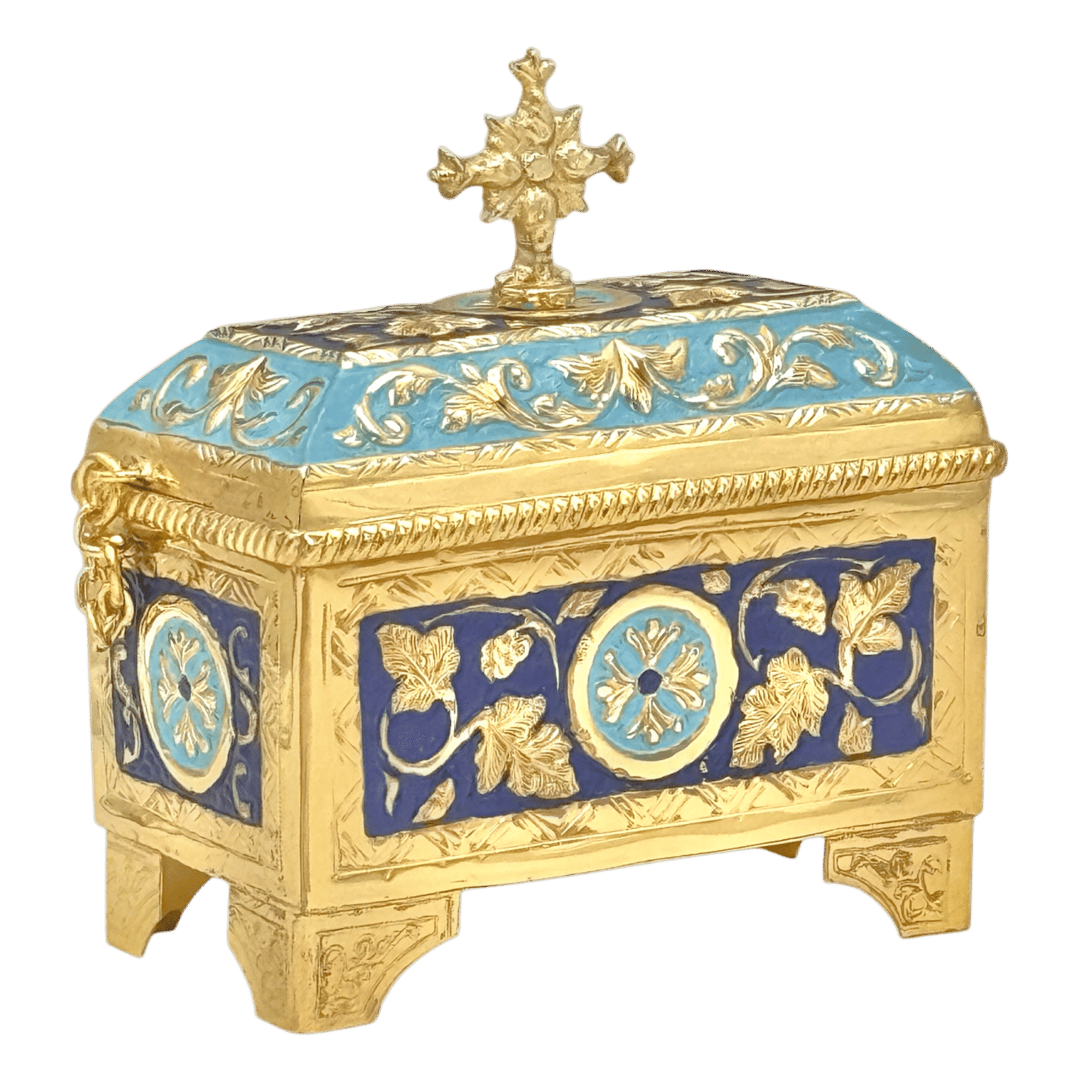 Ornate religious relic container with gold and blue enamel design and a cross on top, used for holding sacred items in church ceremonies.