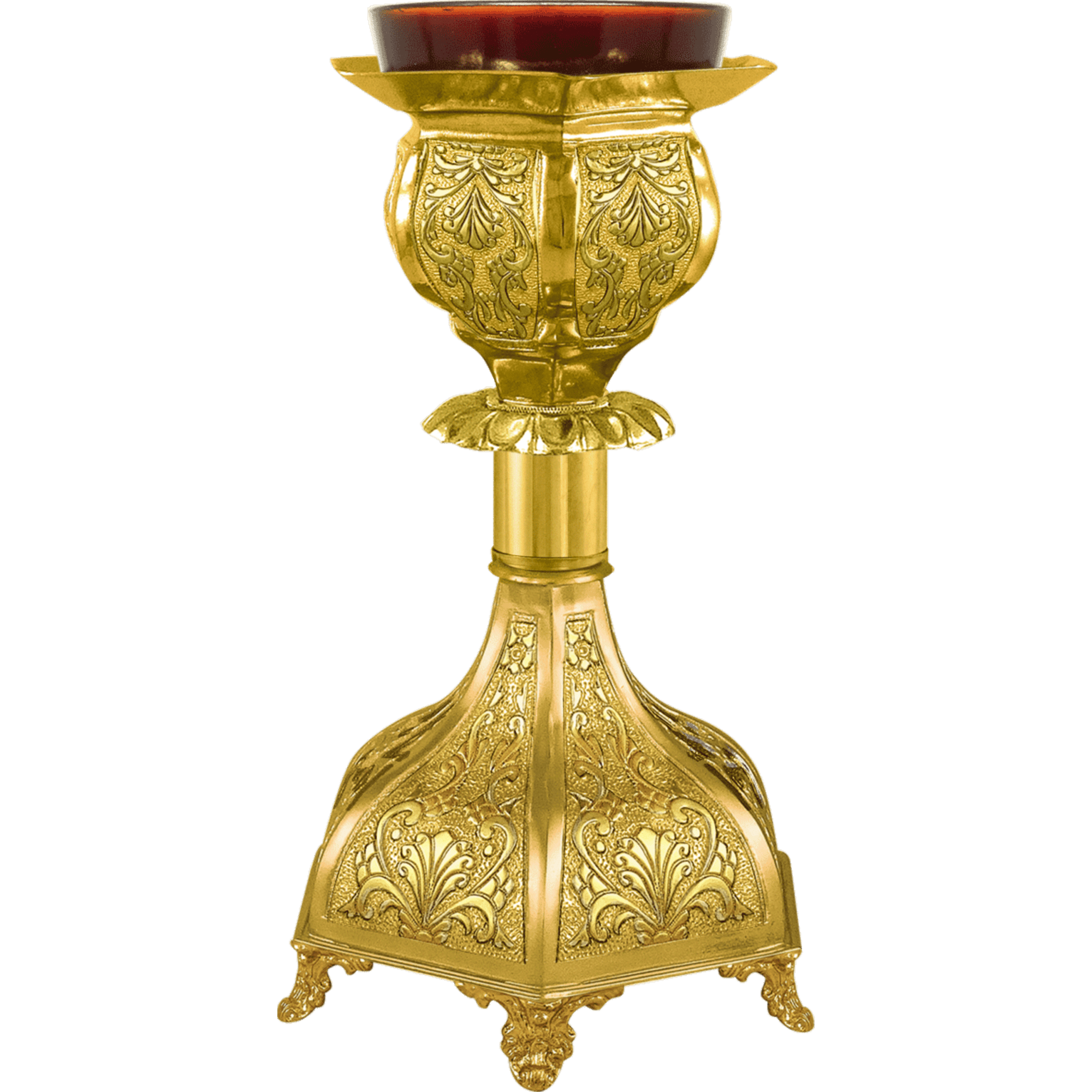 Exarchia religious candle holder with intricate gold filigree, used in Orthodox church services for sacred rituals and lighting rituals, emphasizing traditional ecclesiastical craftsmanship.