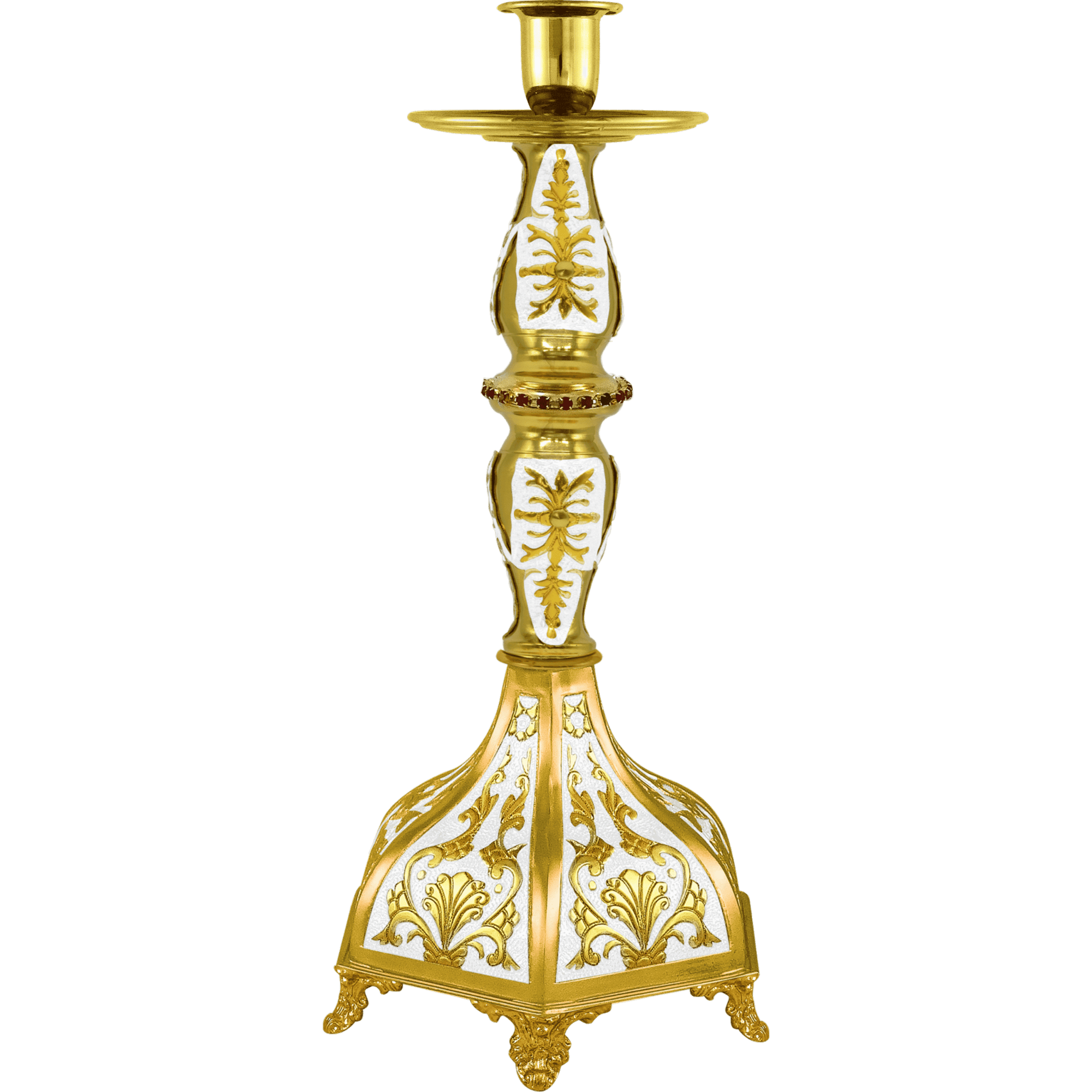 Ornate church candle holder with gold and white intricate design for religious ceremonies.