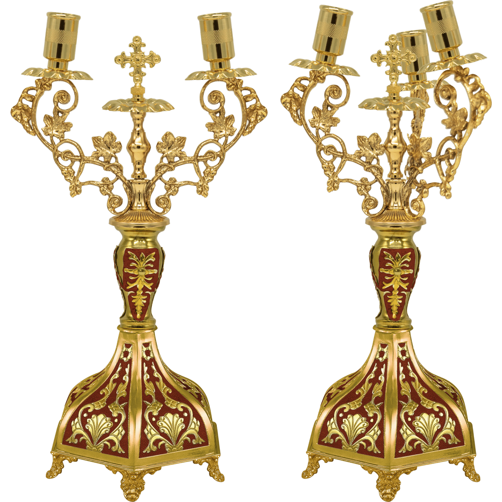 Elegant gold candelabras with intricate religious designs, ideal for church lighting and religious ceremonies. Crafted with detailed craftsmanship, perfect for ecclesiastical settings.