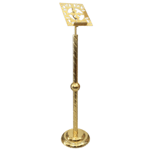 Ornate gold prayer stand for church icons, religious ceremonies, and Orthodox Christian liturgies. Crafted with intricate design, ideal for ecclesiastical use and church decoration.