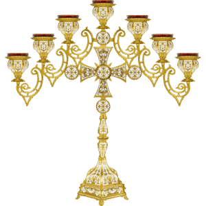 Intricate gold candelabrum with multiple candle holders, ornate craftsmanship, ideal for church liturgical use, showcasing religious ecclesiastical items from Tsaatsaronis Antonios.