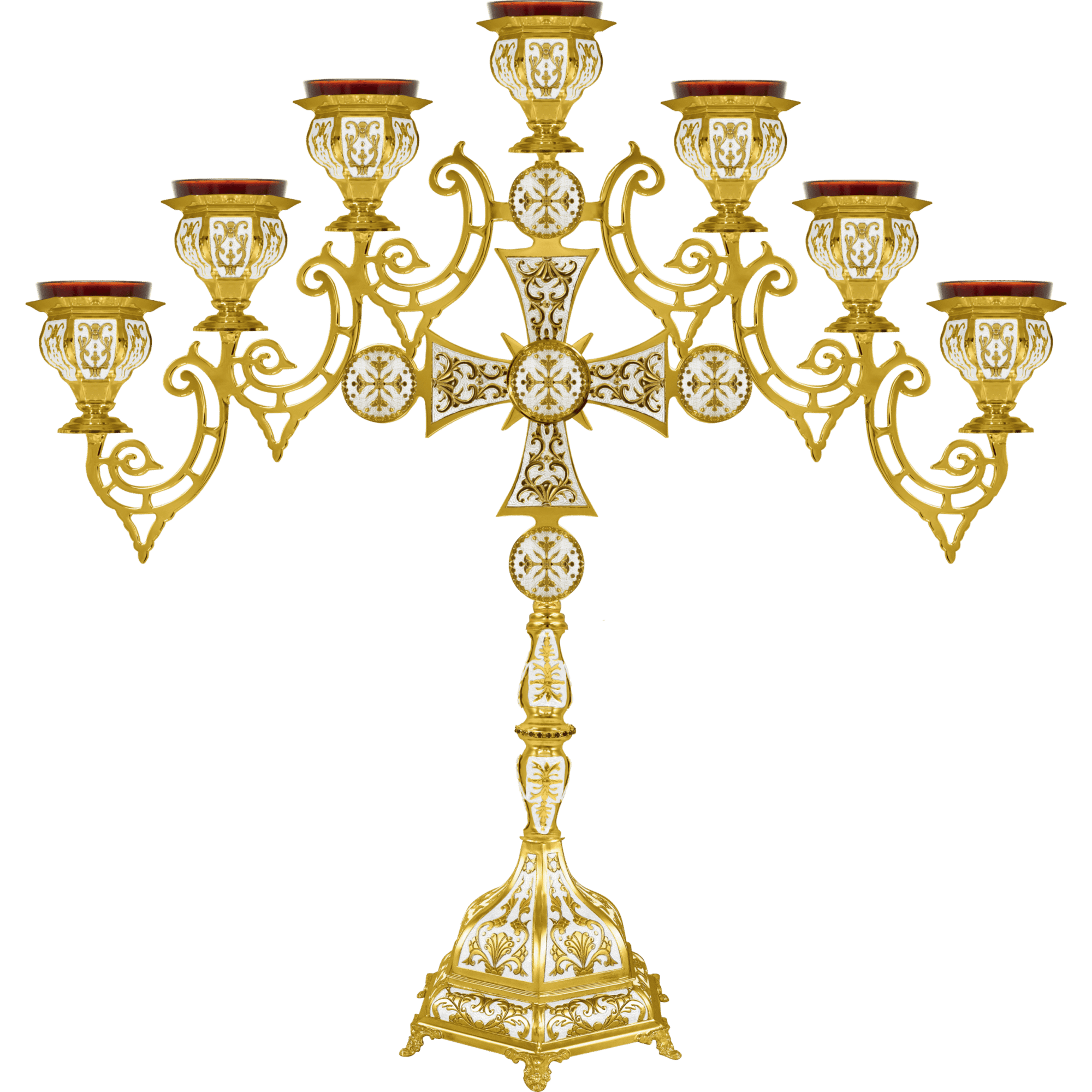 Intricate gold candelabrum with multiple candle holders, ornate craftsmanship, ideal for church liturgical use, showcasing religious ecclesiastical items from Tsaatsaronis Antonios.