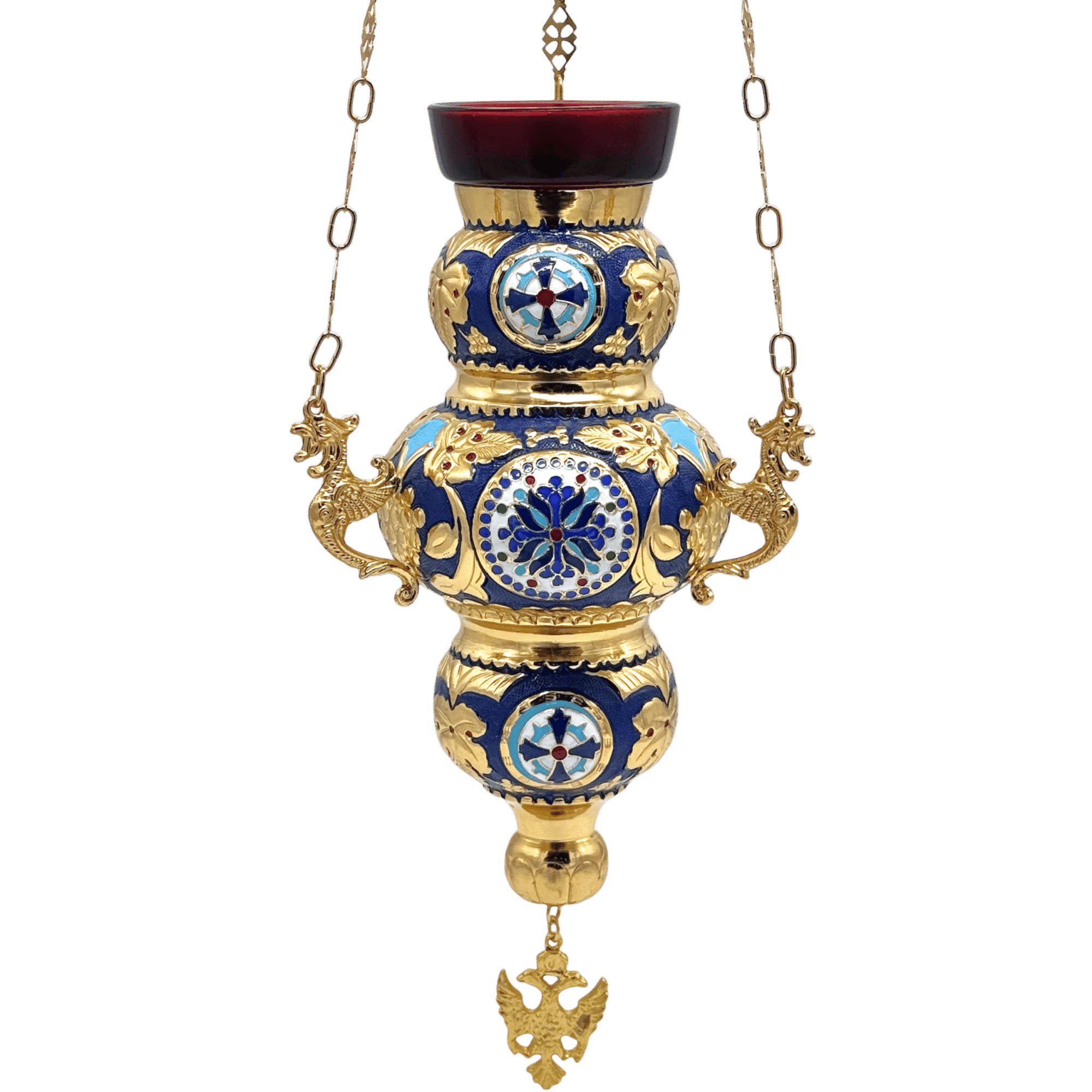Ornate religious lamp with gold and blue accents, featuring detailed dragon motifs and religious symbols, used in Greek Orthodox church ceremonies.